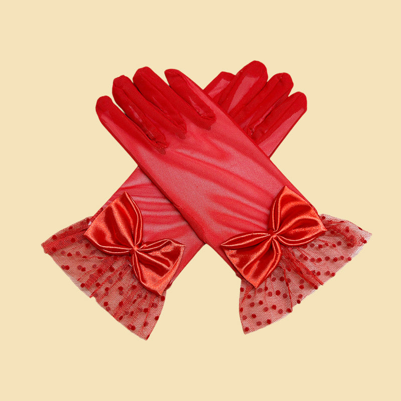 Satin Bow Dotted Mesh Cuff Gloves - Red