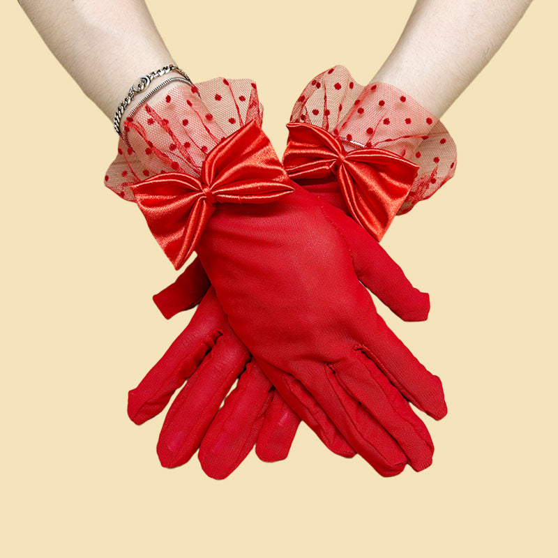 Satin Bow Dotted Mesh Cuff Gloves - Red - 1