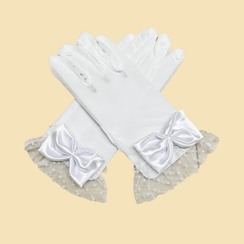 Satin Bow Dotted Mesh Cuff Gloves - White
