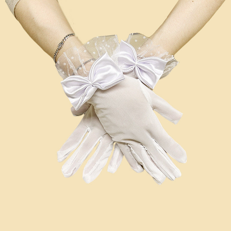 Satin Bow Dotted Mesh Cuff Gloves - White - 1