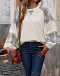 Plaid Raglan Sleeve Waffle Pullover Sweatshirt - Apricot