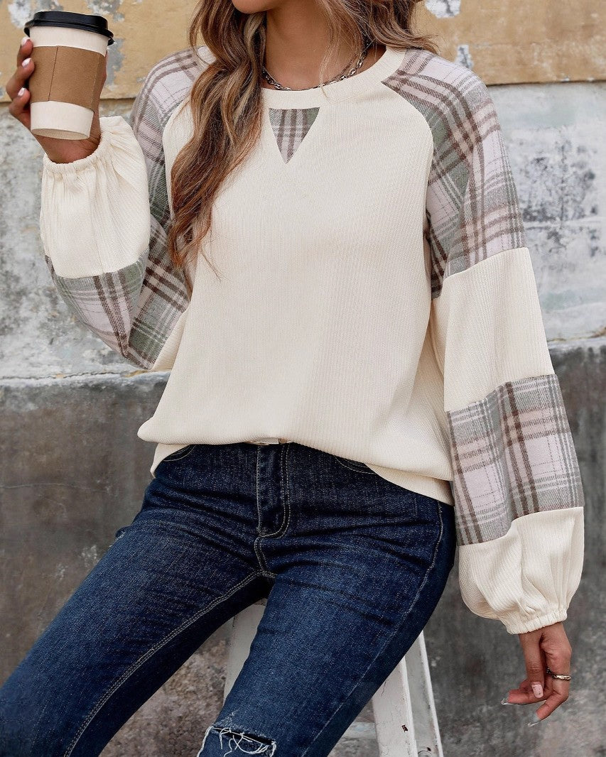 Plaid Raglan Sleeve Waffle Pullover Sweatshirt - Apricot - 1