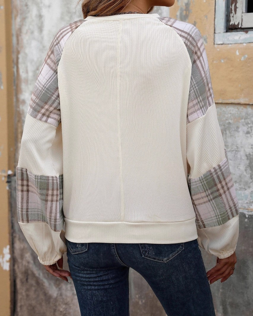 Plaid Raglan Sleeve Waffle Pullover Sweatshirt - Apricot - 3