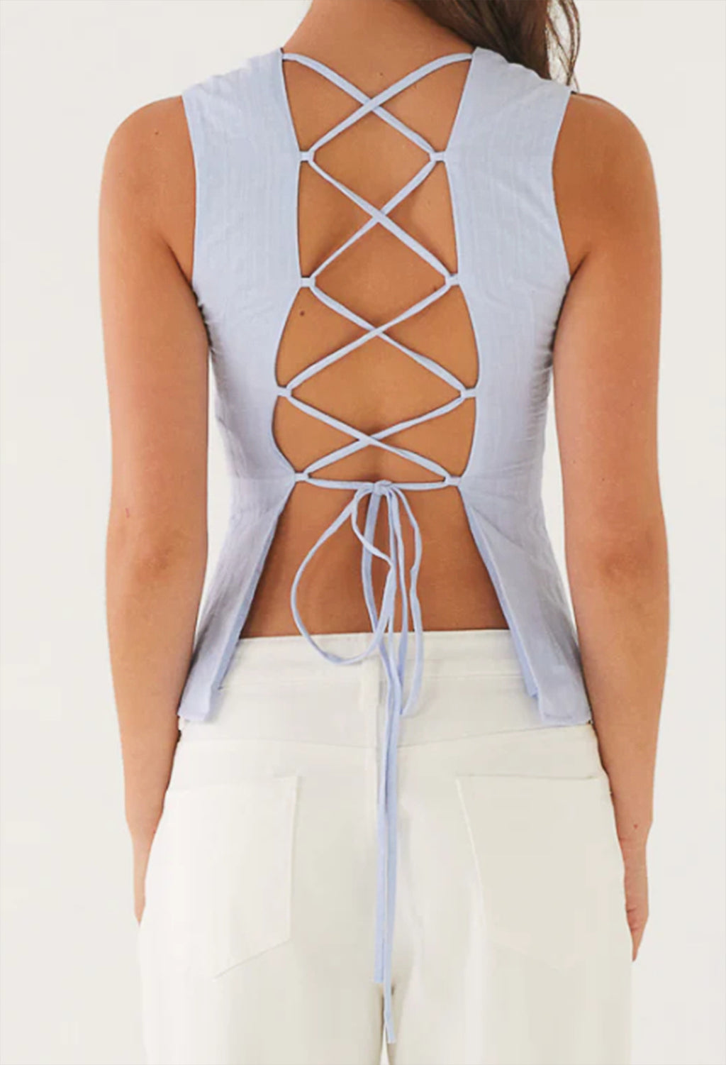 Lace Up Open Back Sleeveless Top - Blue - 1
