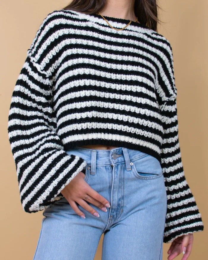 Striped Chunky Knit Cropped Sweater - Black - 1