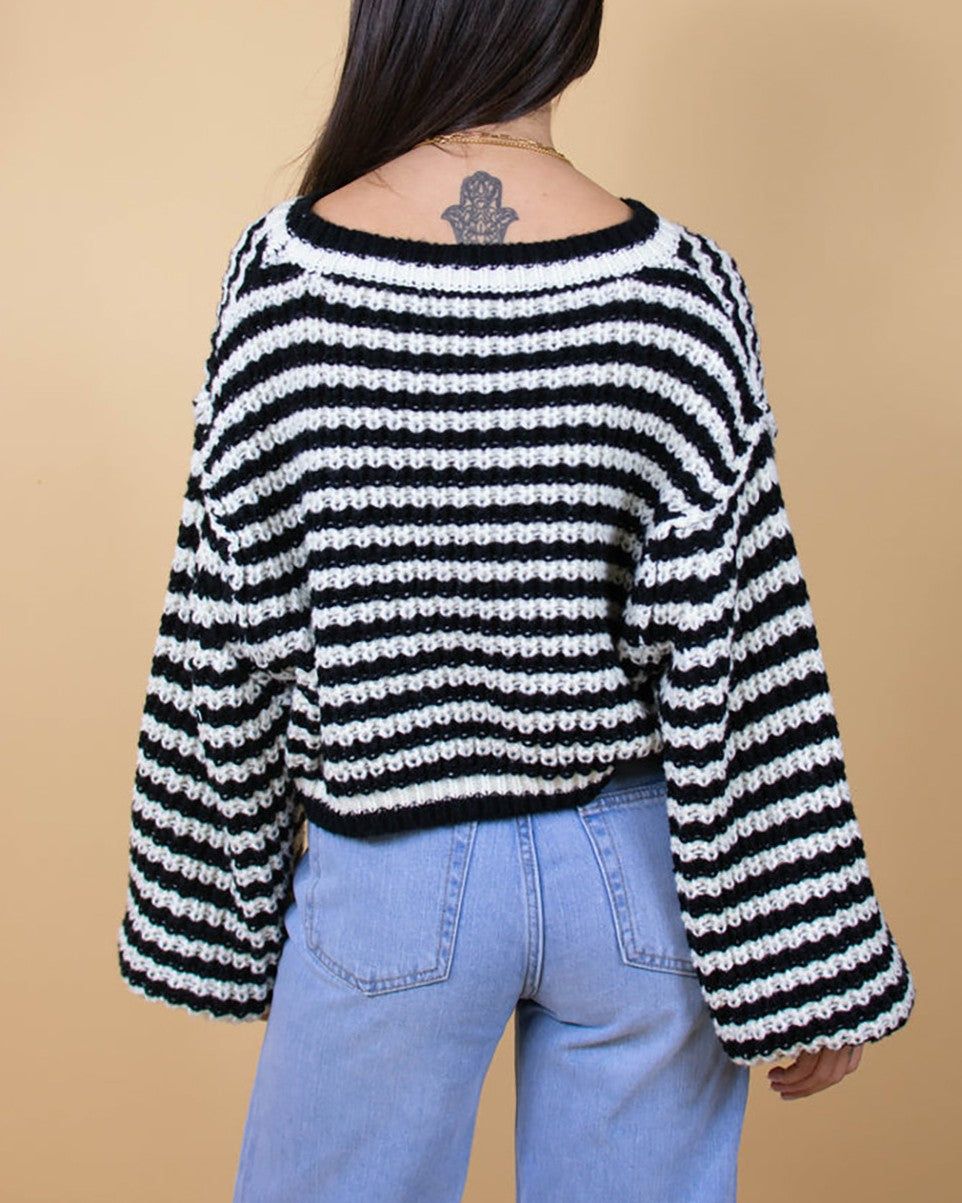 Striped Chunky Knit Cropped Sweater - Black - 2