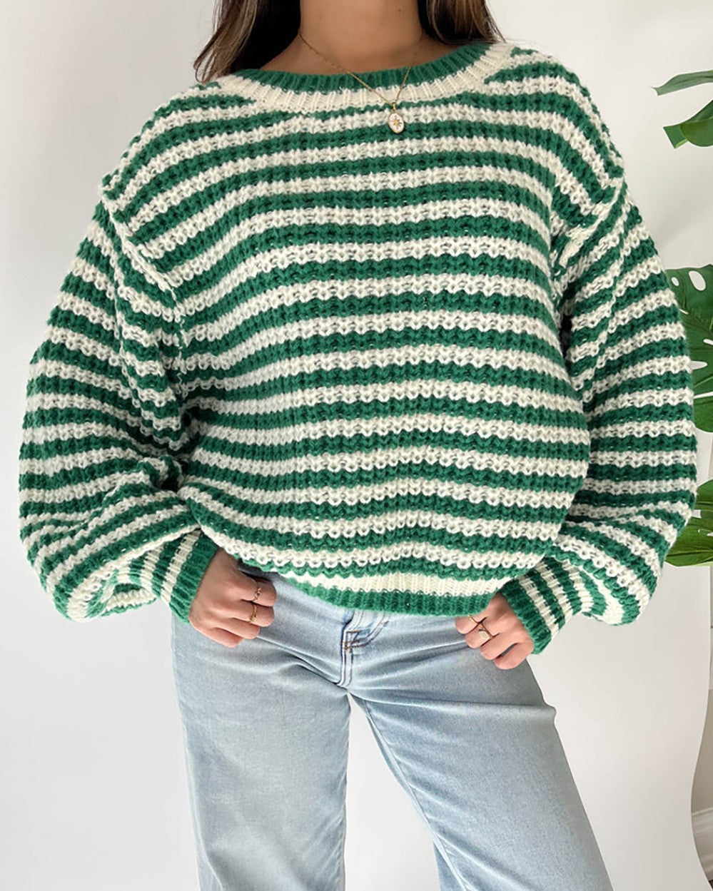 Striped Chunky Knit Cropped Sweater - Green