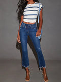 Frayed Hem Cropped Straight Ankle Jeans - DarkBlue