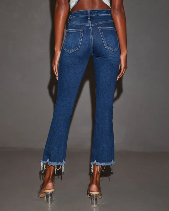 Frayed Hem Cropped Straight Ankle Jeans - DarkBlue - 2