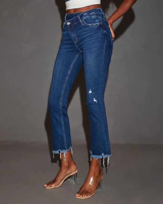 Frayed Hem Cropped Straight Ankle Jeans - DarkBlue - 3
