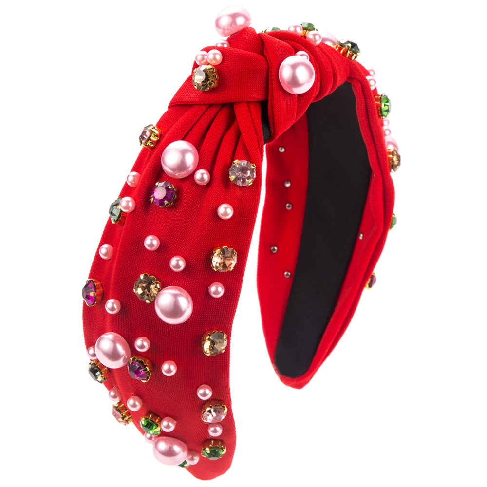 Pearl and Gem Cluster Knotted Headband - Red