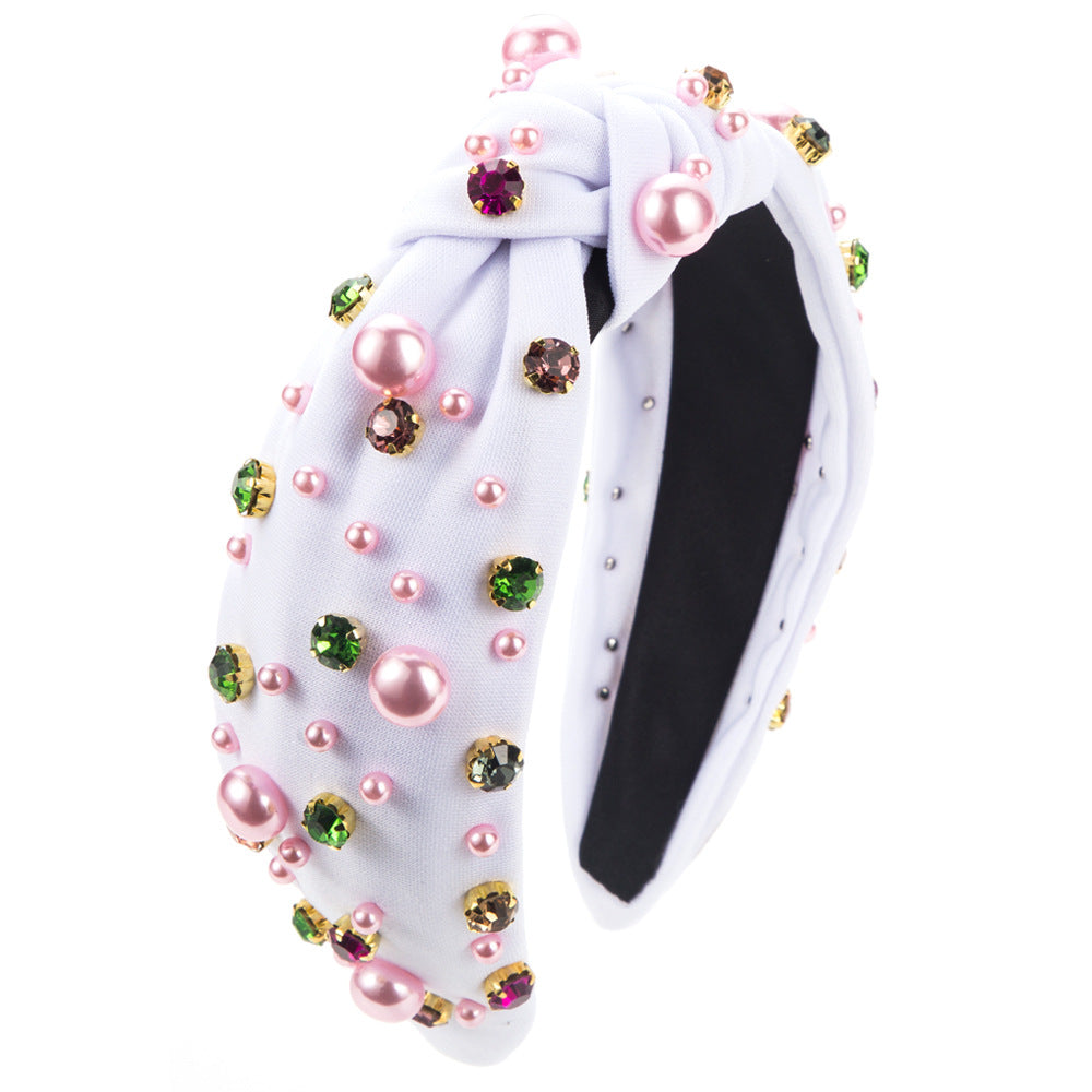 Pearl and Gem Cluster Knotted Headband - White
