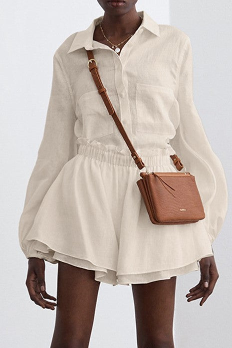 Balloon Sleeve Shirt and Flared Shorts Set - Beige