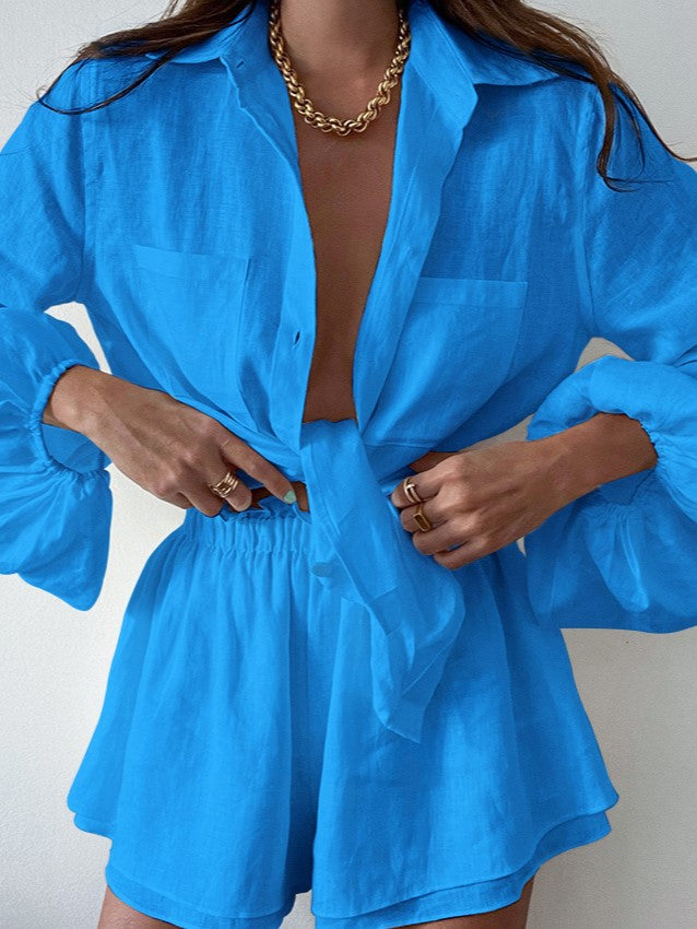 Balloon Sleeve Shirt and Flared Shorts Set - Blue