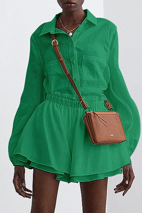 Balloon Sleeve Shirt and Flared Shorts Set - Green
