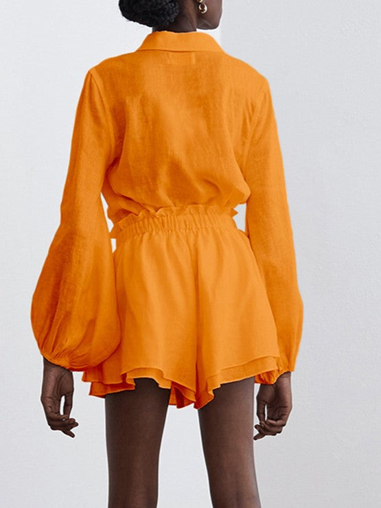 Balloon Sleeve Shirt and Flared Shorts Set - Orange - 1