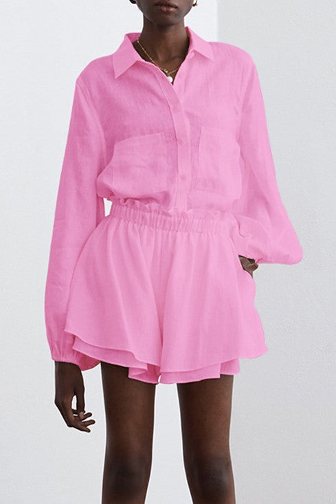 Balloon Sleeve Shirt and Flared Shorts Set - Pink