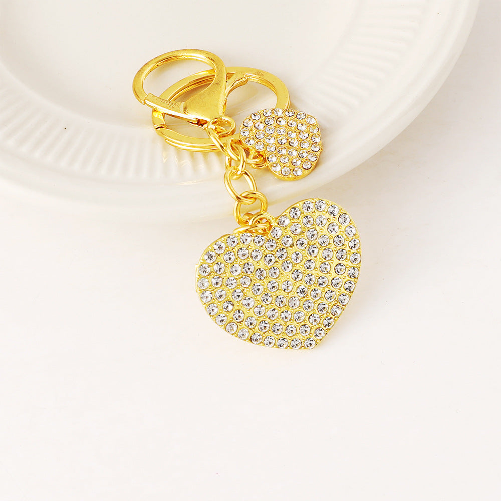 Pave Rhinestone Double Heart Keychain - Gold