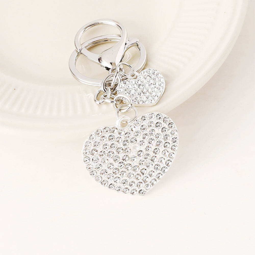 Pave Rhinestone Double Heart Keychain - Silvery