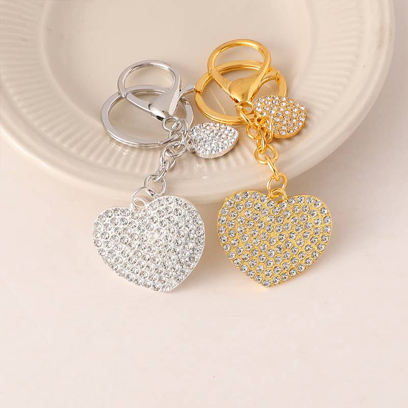 Pave Rhinestone Double Heart Keychain