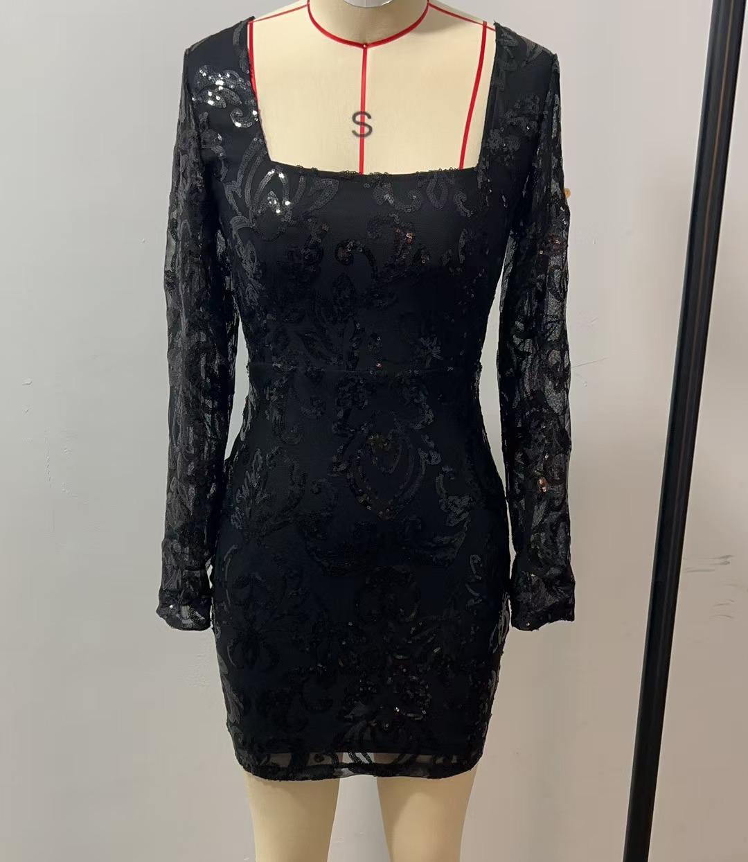 Sequin Square Neck Lace Up Mini Dress - Black