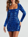 Sequin Square Neck Lace Up Mini Dress - Blue
