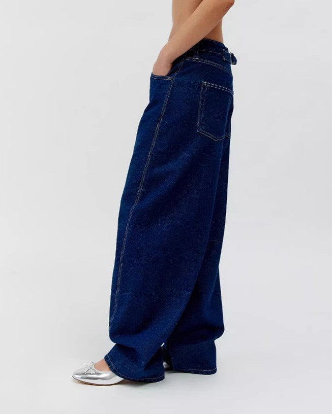 Deep Rinse Baggy Wide Leg Jeans - Blue - 2
