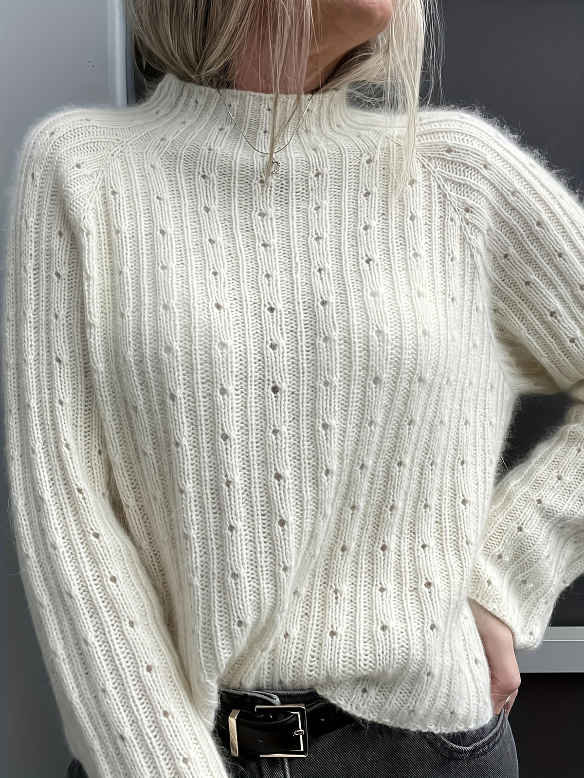 Pointelle Knit Mock Neck Pullover Sweater - Apricot