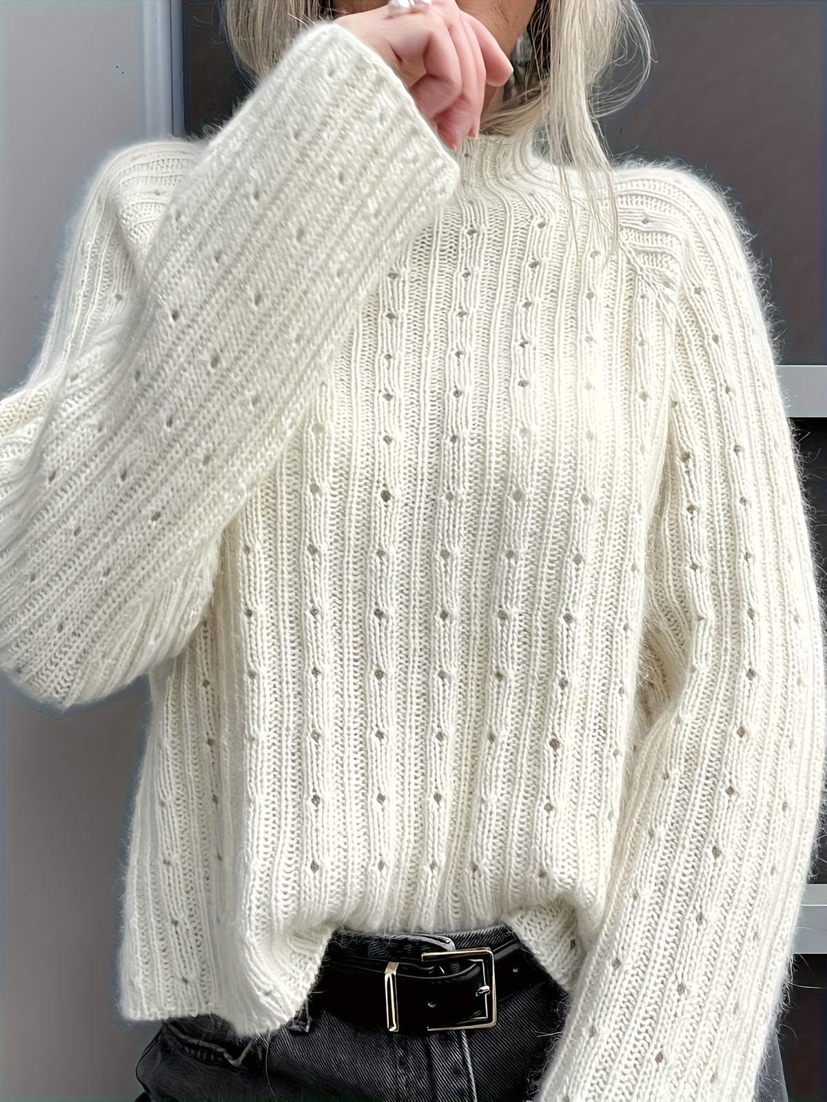 Pointelle Knit Mock Neck Pullover Sweater - view 1