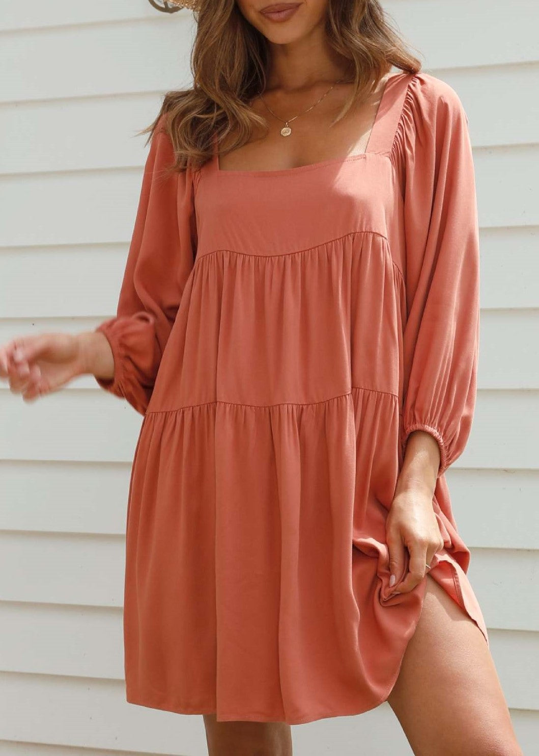 Balloon Sleeve Tiered Babydoll Mini Dress - Orange