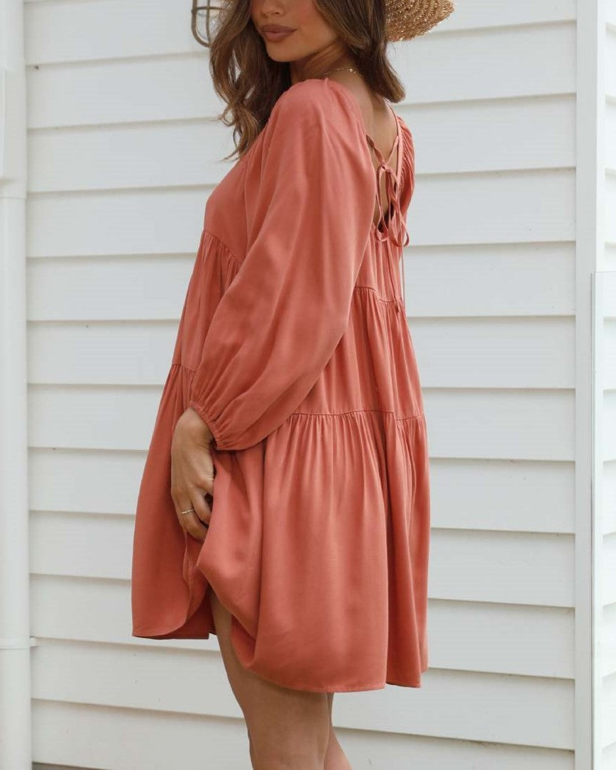 Balloon Sleeve Tiered Babydoll Mini Dress - Orange - 2