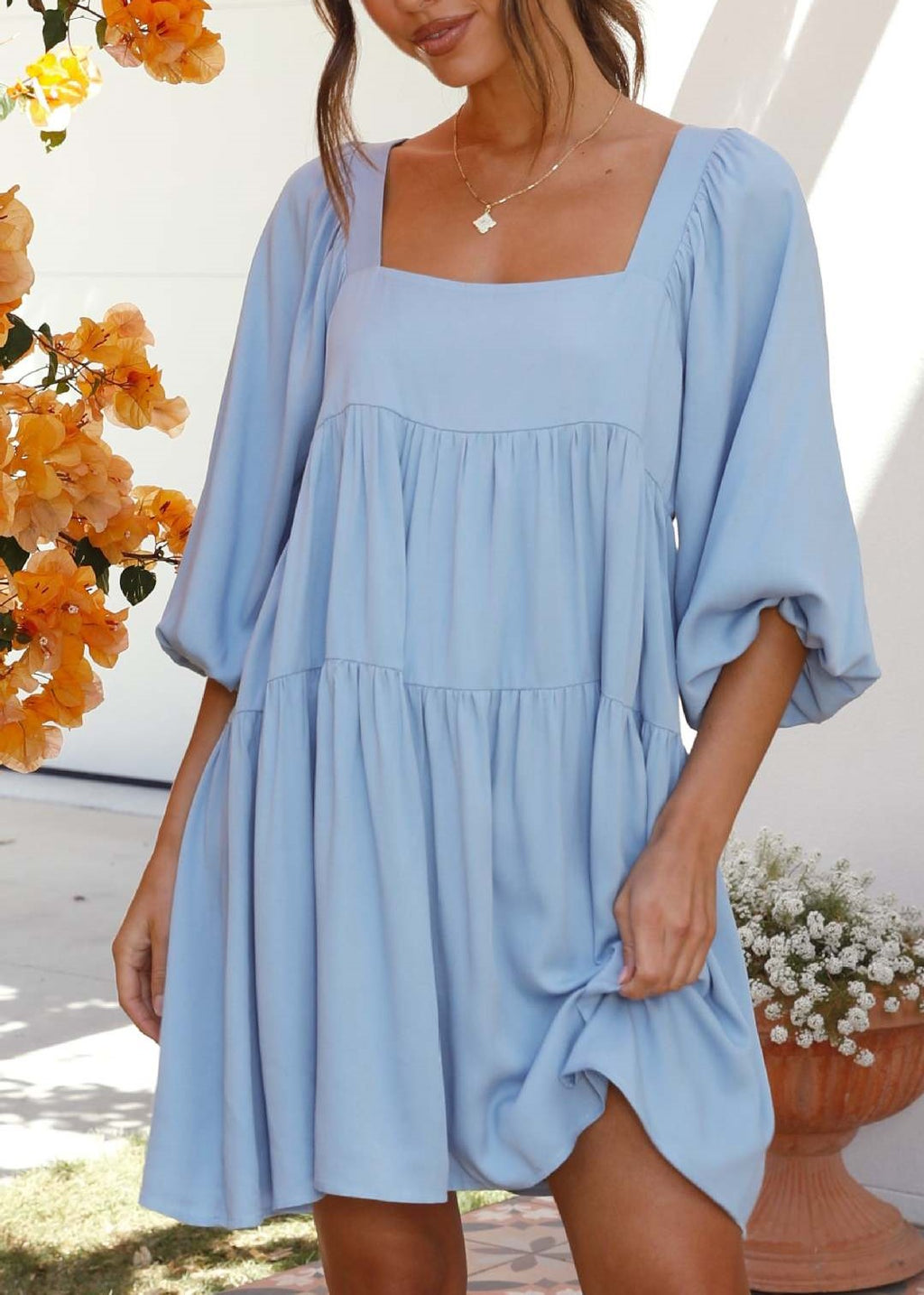 Balloon Sleeve Tiered Babydoll Mini Dress - SkyBlue