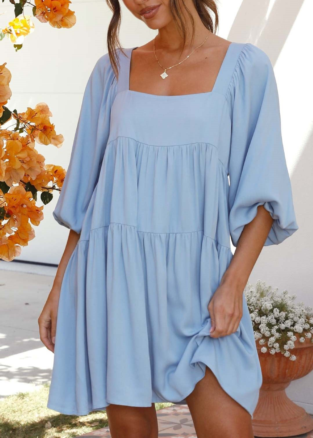 Balloon Sleeve Tiered Babydoll Mini Dress - SkyBlue
