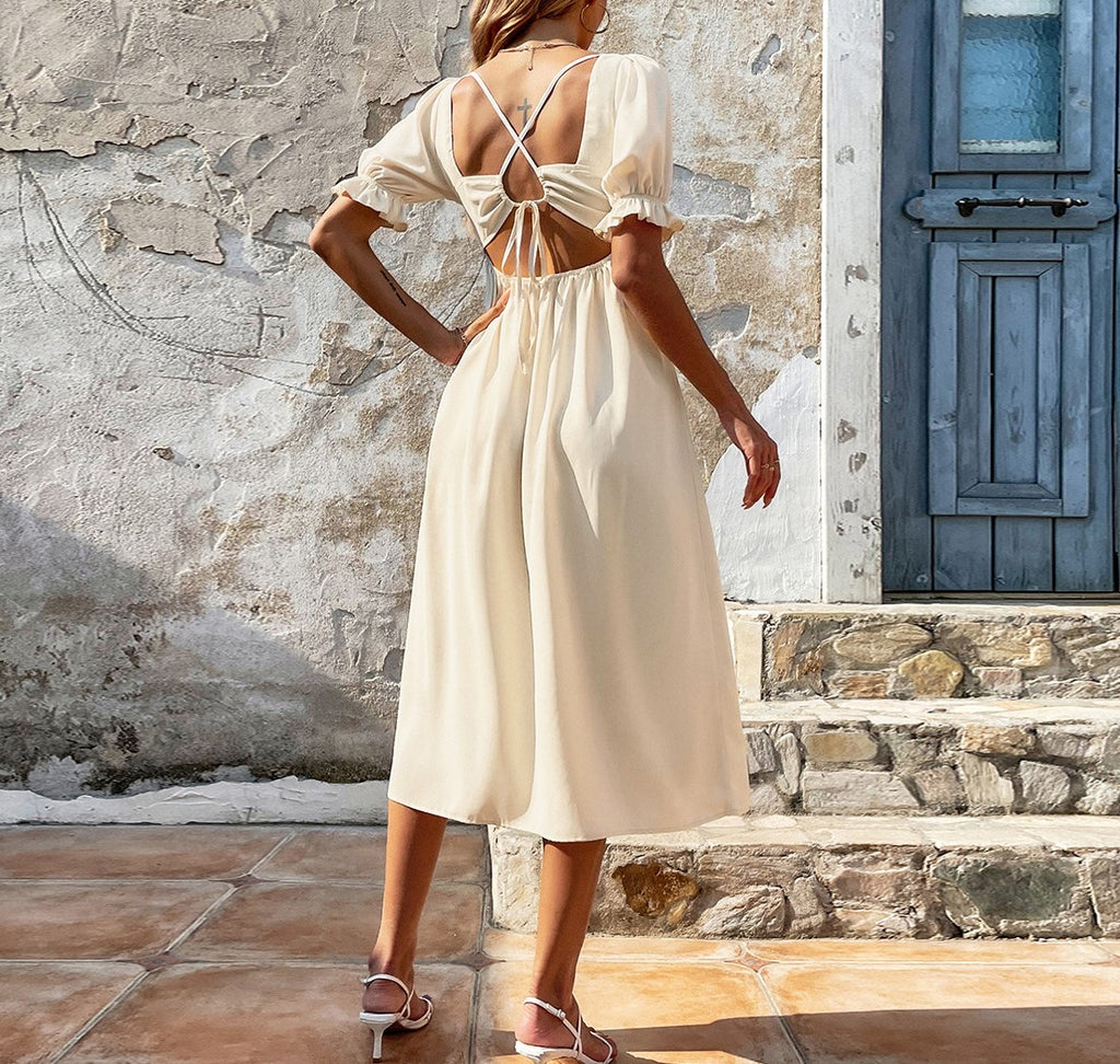 Puff Sleeve Front Slit Midi Dress - Beige - 5