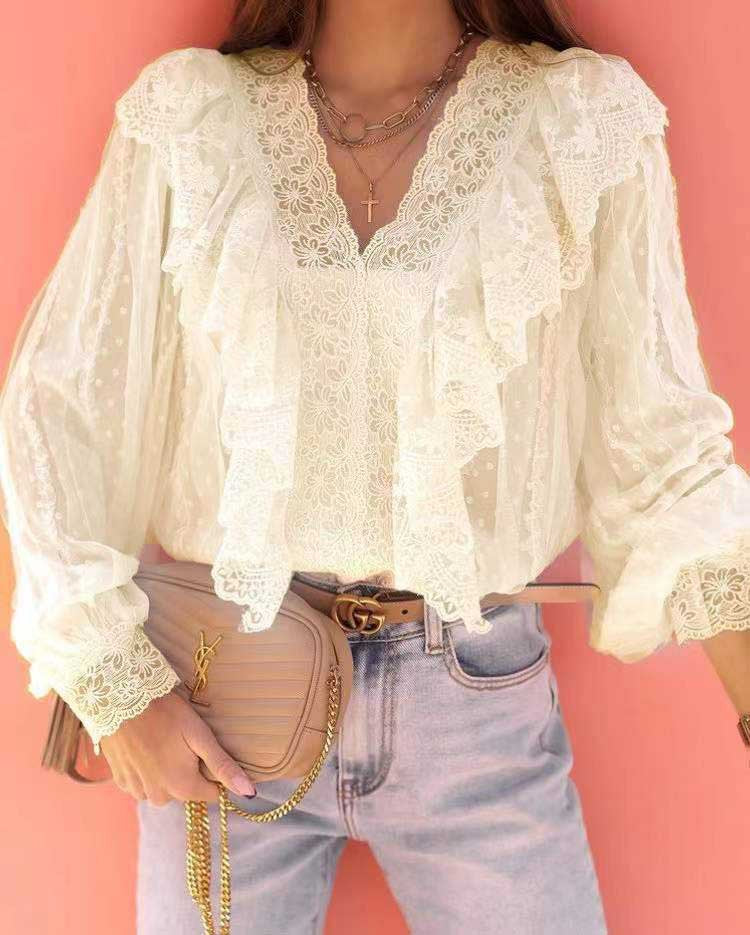 Ruffled Lace Sheer Puff Sleeve Blouse - Apricot