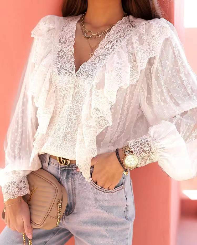 Ruffled Lace Sheer Puff Sleeve Blouse - Apricot - 1