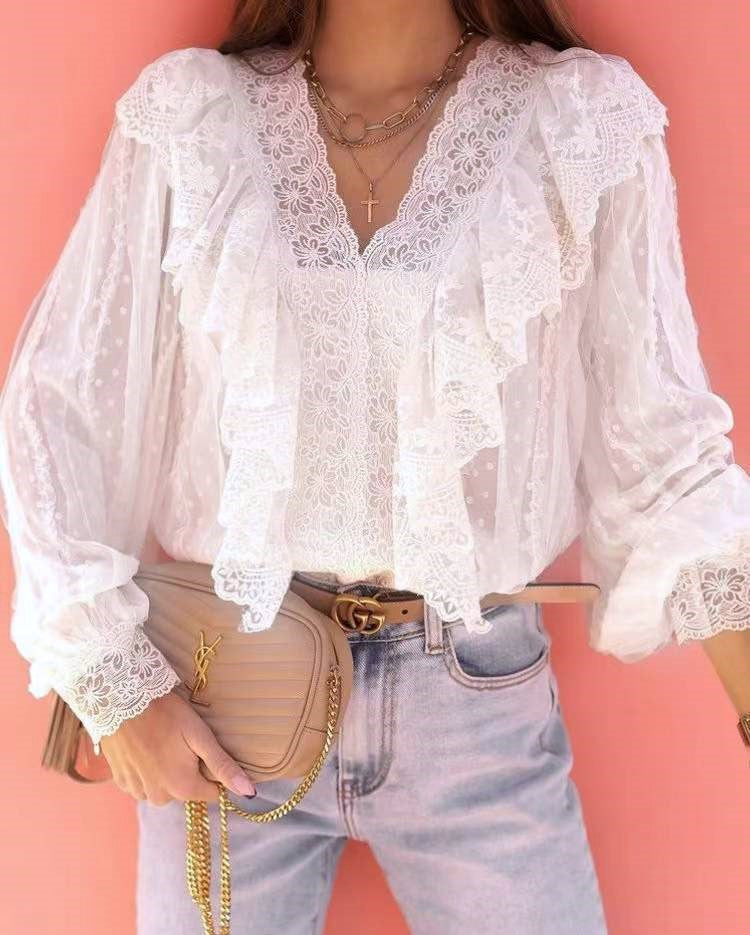 Ruffled Lace Sheer Puff Sleeve Blouse - White