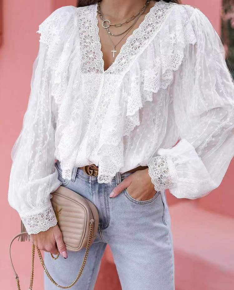 Ruffled Lace Sheer Puff Sleeve Blouse - White - 1