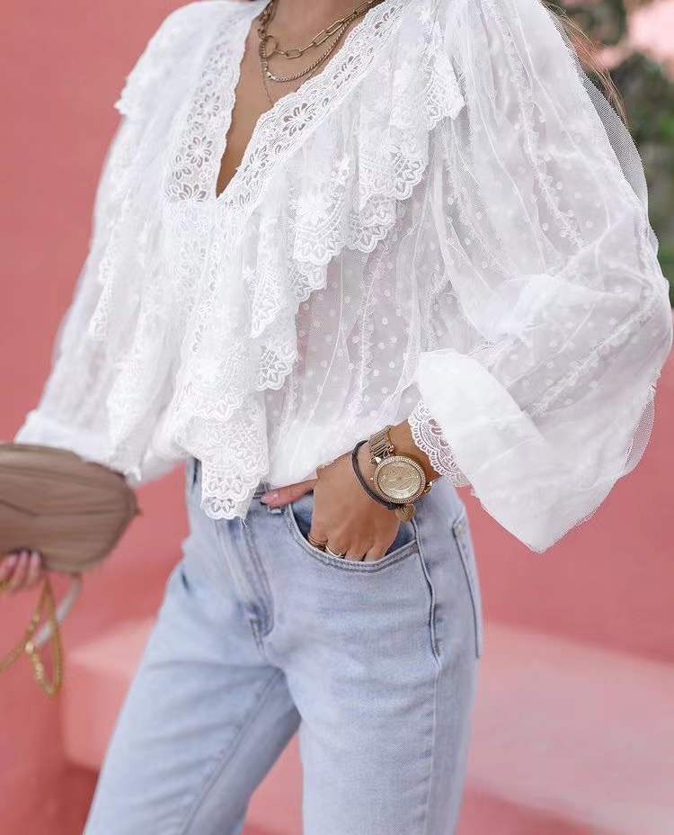 Ruffled Lace Sheer Puff Sleeve Blouse - White - 2