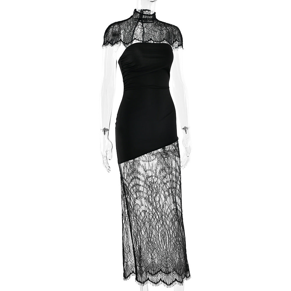 Sheer Lace Hem Strapless Maxi Dress - Black - 1