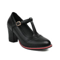 Vintage T-Strap Brogue Pumps with Block Heel - Black