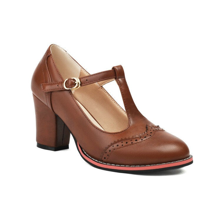 Vintage T-Strap Brogue Pumps with Block Heel - Cognac