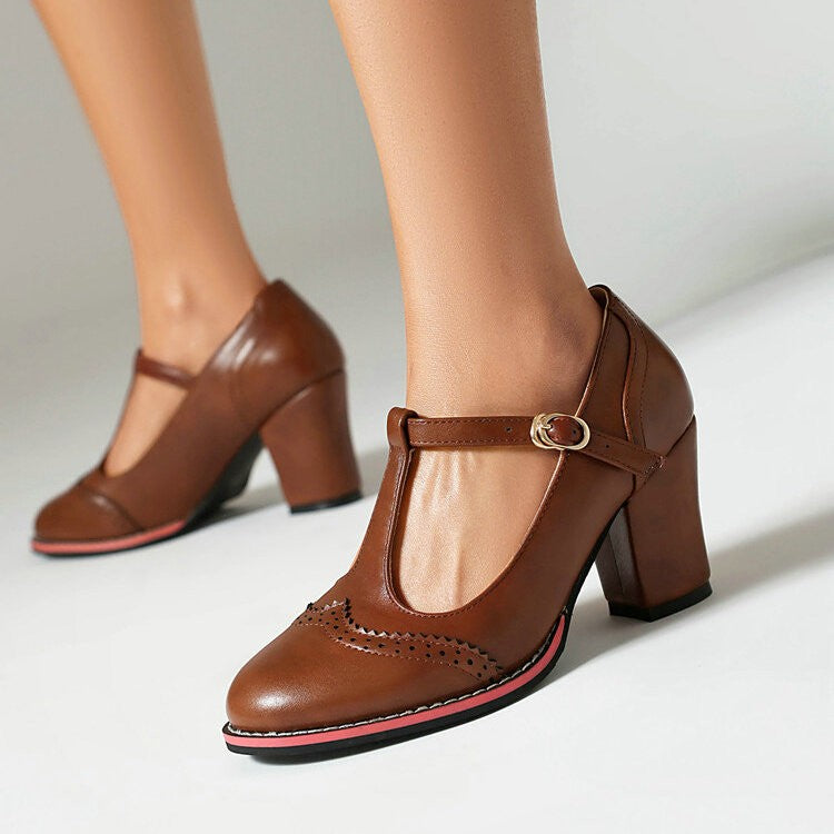 Vintage T-Strap Brogue Pumps with Block Heel