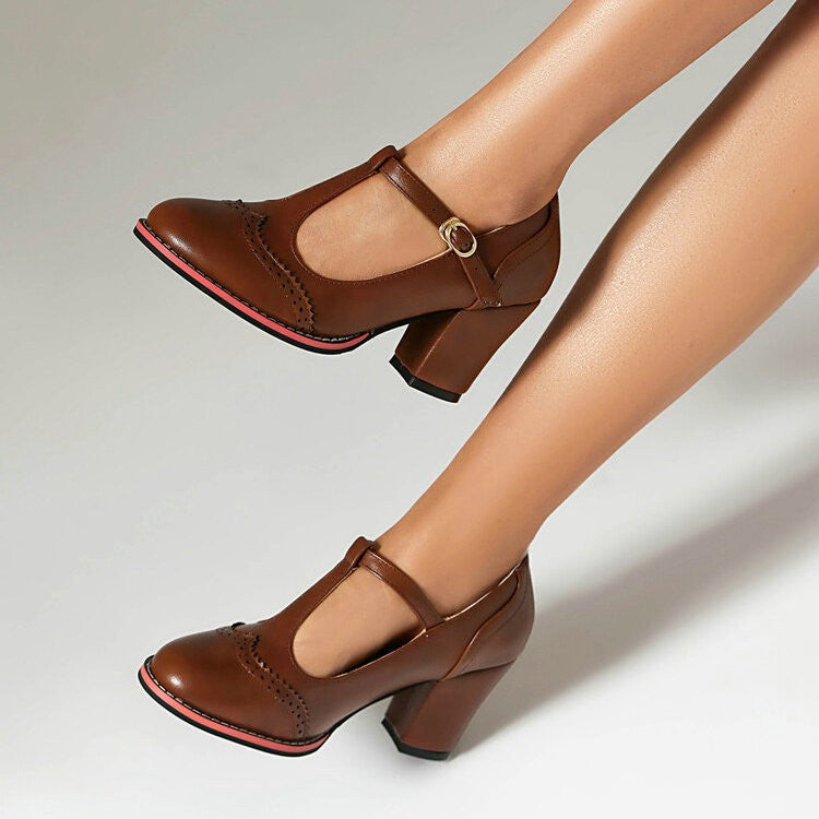 Vintage T-Strap Brogue Pumps with Block Heel