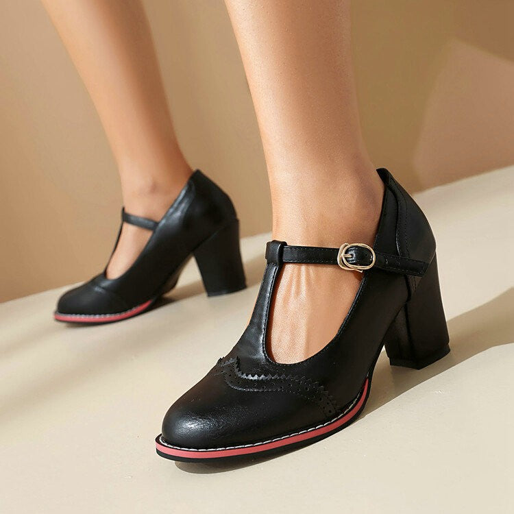 Vintage T-Strap Brogue Pumps with Block Heel
