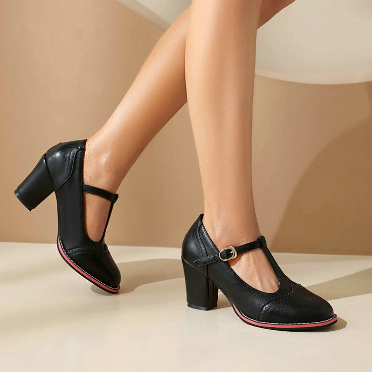 Vintage T-Strap Brogue Pumps with Block Heel
