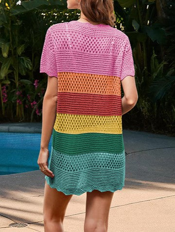 Short Sleeve Open Knit Cover Up Dress - Rainbow - 1