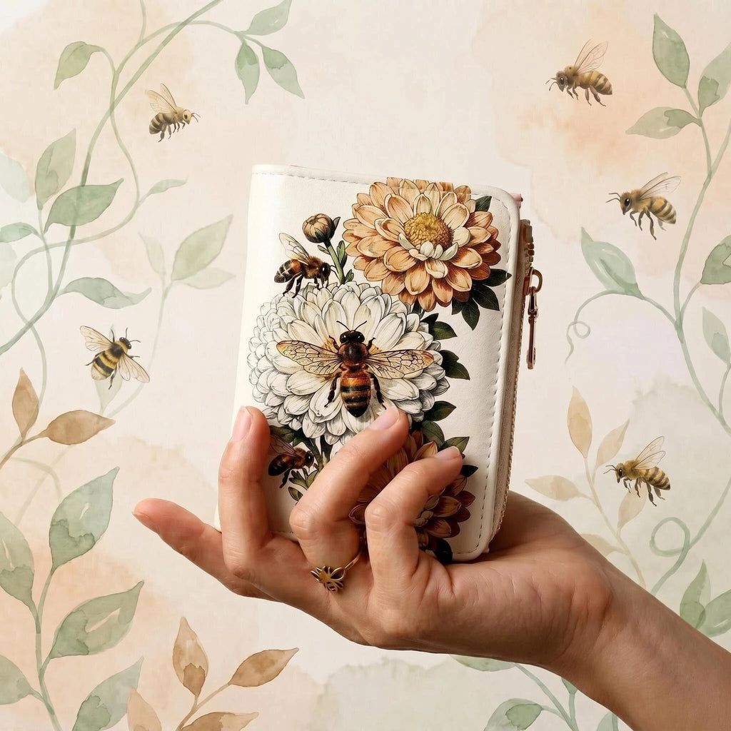 Illustrated Print Bifold Wallet Zip Coin Pocket - Bees - 1