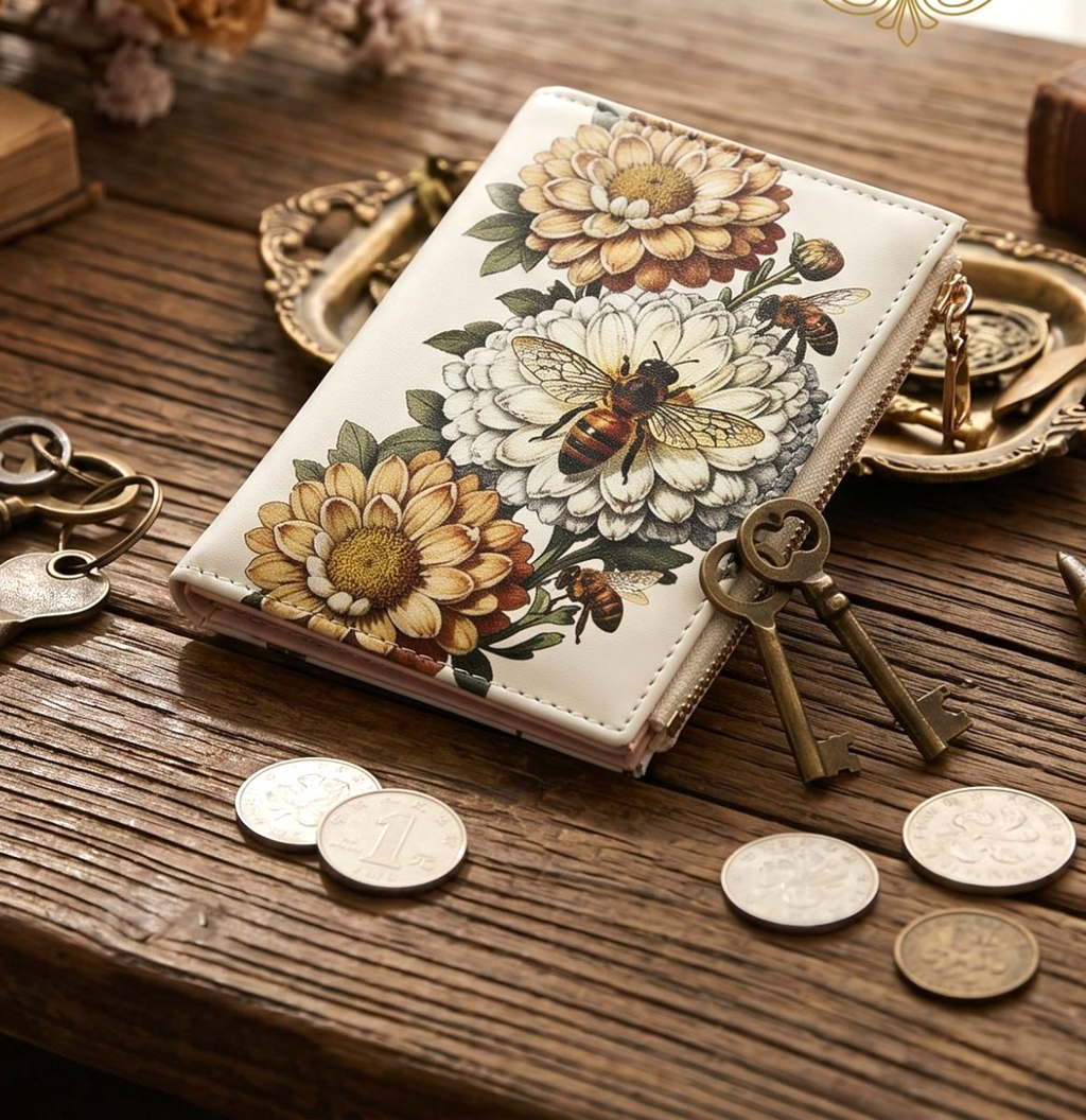 Illustrated Print Bifold Wallet Zip Coin Pocket - Bees - 2