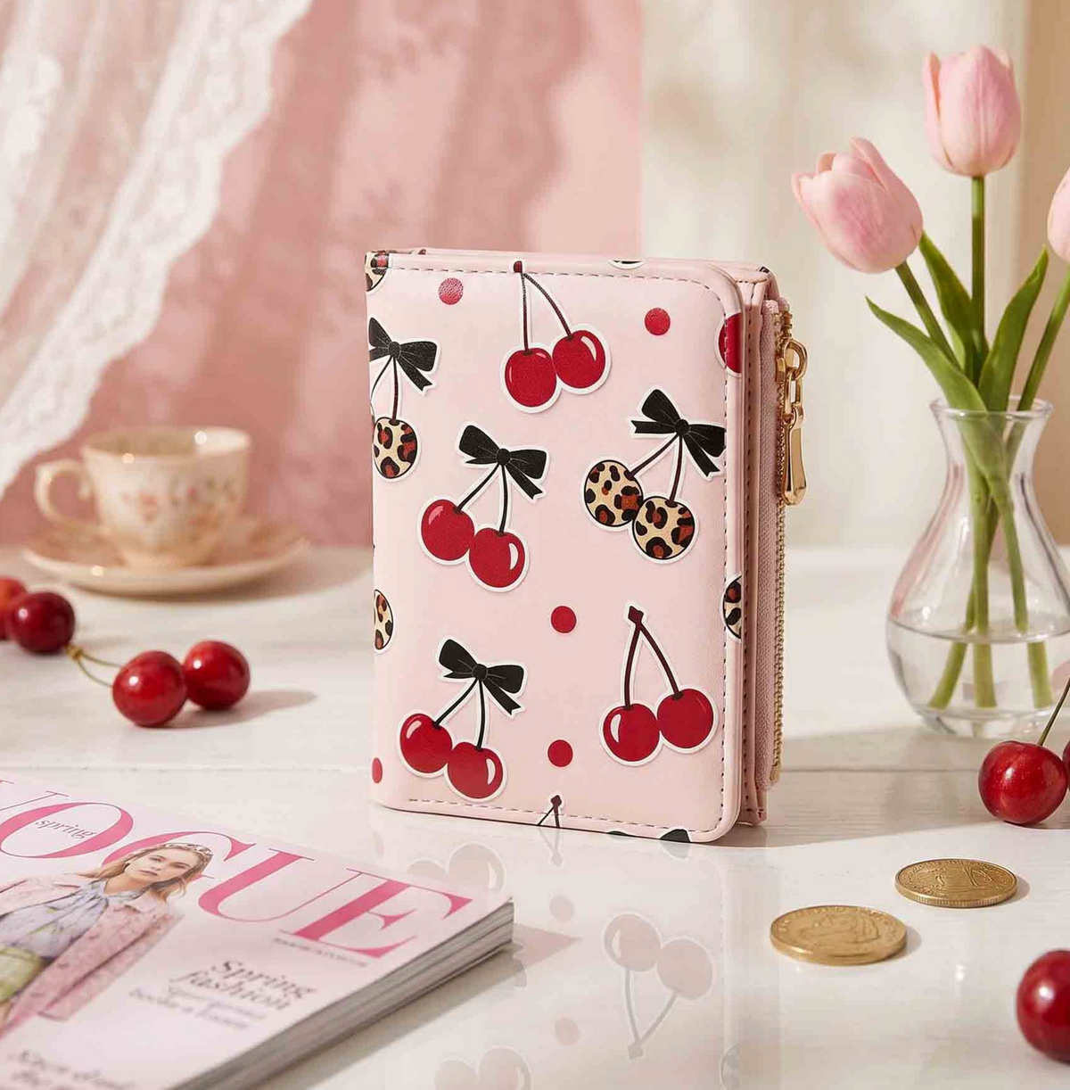 Illustrated Print Bifold Wallet Zip Coin Pocket - Cherry - 1